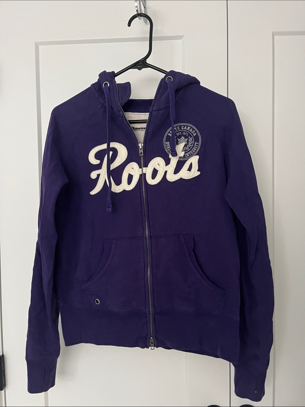 Roots Purple Zip-Up Hoodie with Cream Script Logo